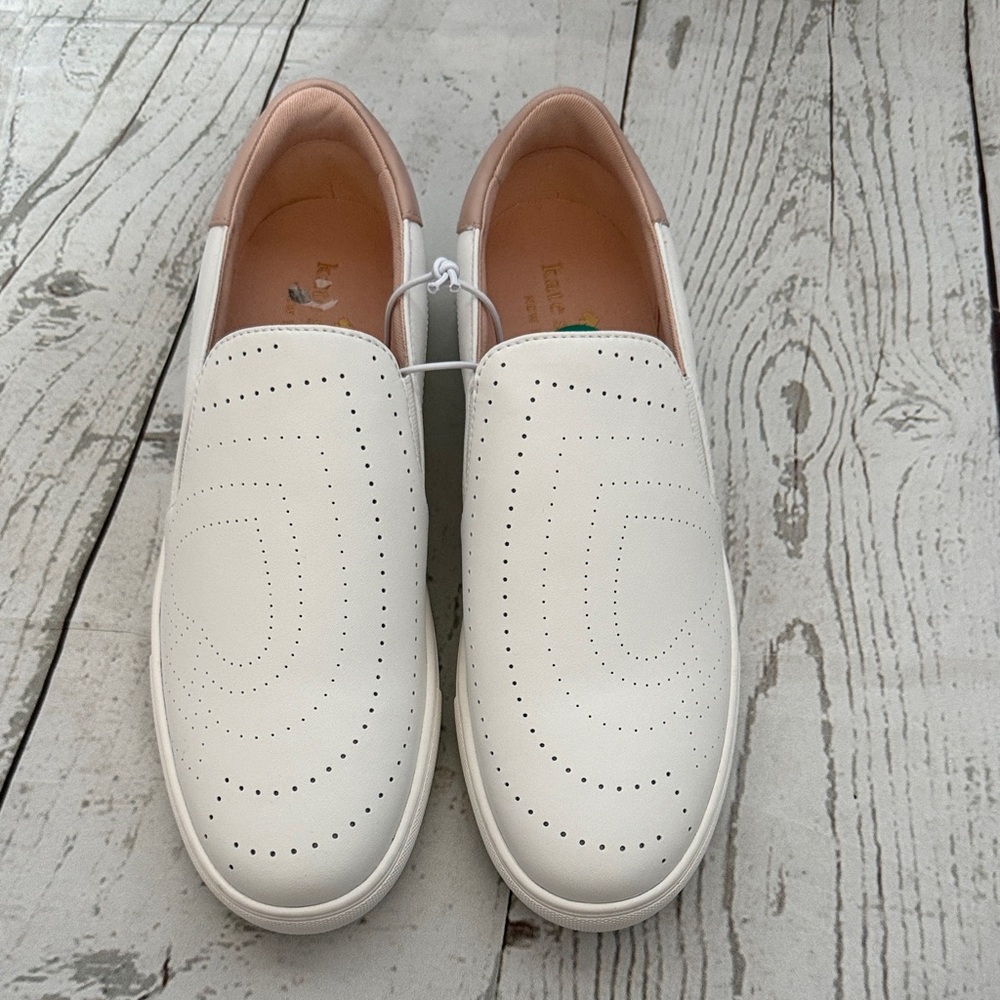 kate spade White Perforated Slip-On Loafers with Pink Lining